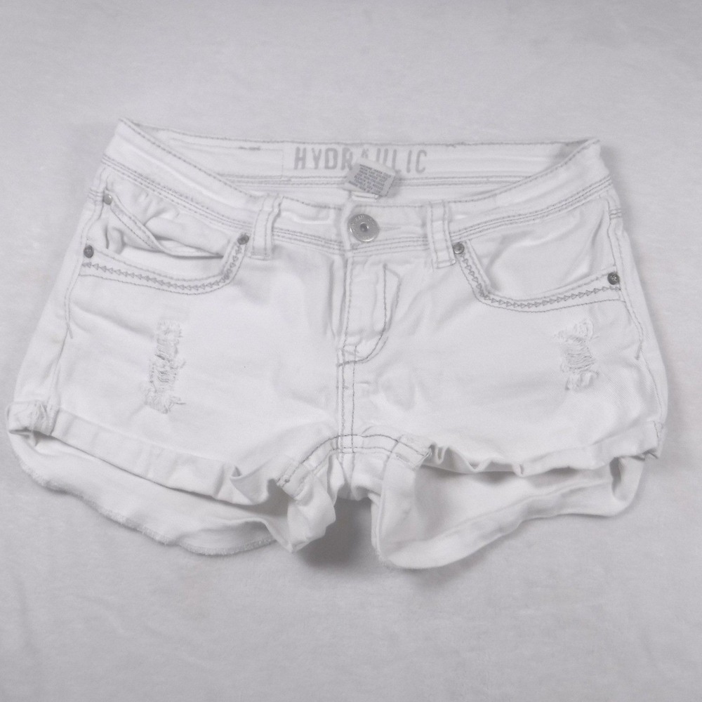 Hydraulic Womens White Distressed Denim Shorts Low Rise Embroidered‎ Size 11/12